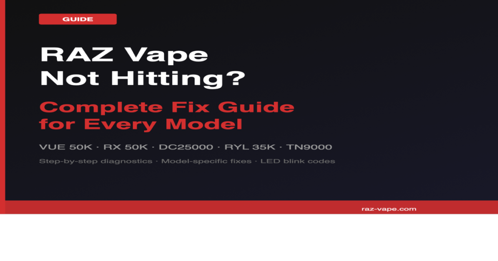 RAZ VAPE RAZ vape not hitting troubleshooting guide cover - fix guide for VUE 50K, RX 50K, DC25000, RYL Classic 35K, TN9000